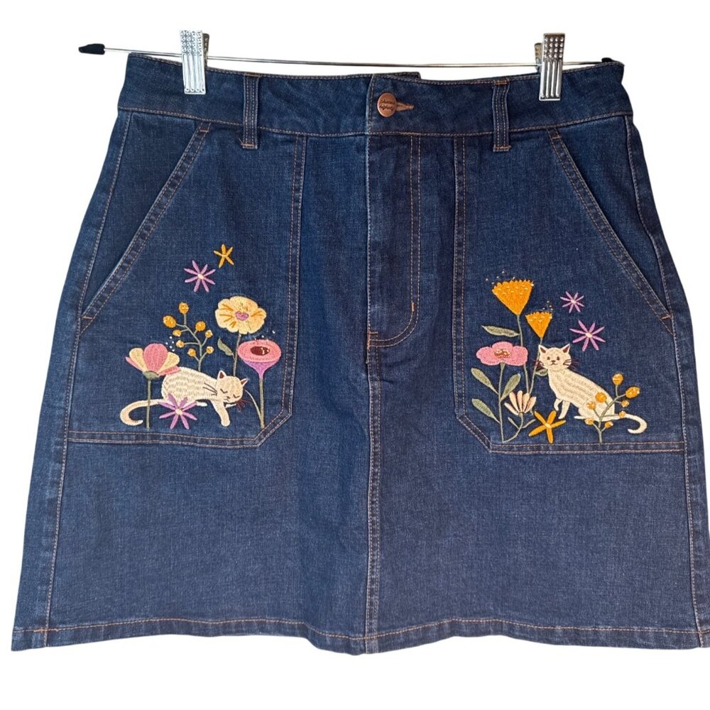New ModCloth X Princess Highway 8 Denim Skirt W/ Floral & Cat Embroidery Blue - Picture 2 of 10